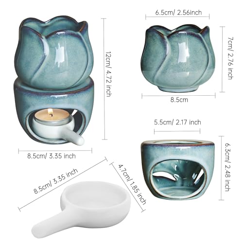 Ceramic Essential Oil Burner Wax Melt Burner with Candle Spoon, Removable Aromatherapy Burner Blue Ceramic Aroma Oil Candle Diffuser Wax Tart Warmer for Home Bedroom Decor - Image 3
