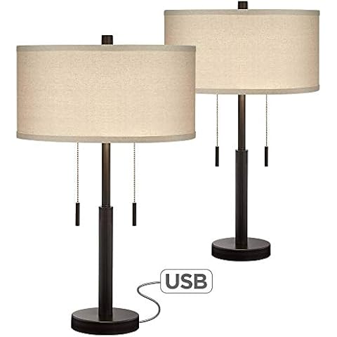 Franklin Iron Works Bernie Industrial Nightstand Table Lamp 25" High Set of 2 with Hotel Style USB Charging Port Rich Bronze Metal Fabric Drum Shade for Living Room Desk Bedroom House Bedside Home Cover