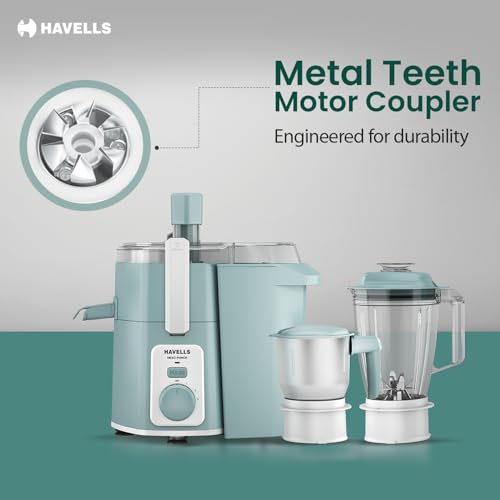 Image of Havells Hexo Punch 900W Juicer Mixer Grinder with 2 Jars|304SS Juicing Mesh|100 min Run Time|Large Size Pulp Container|1.75L Blending Jar|Body Lock Mechanism|5 Yr Warranty on Motor(Mint Green & White)