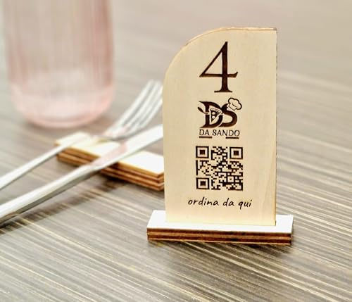 Segnatavolo Numerato in Legno 80mm x h120mm per Ristotante Pizzeria | Segnatavoli Personalizzabili con Logo e Codice QR menù Digitale | Incisione Fronte-Retro