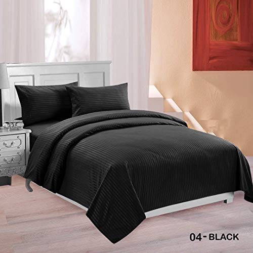 Image of YKC Glace Cotton Satin Striped Plain Color King Size Bedsheet for Double Bed with Two Pillow Covers (Black - 90 x 100 Inch)