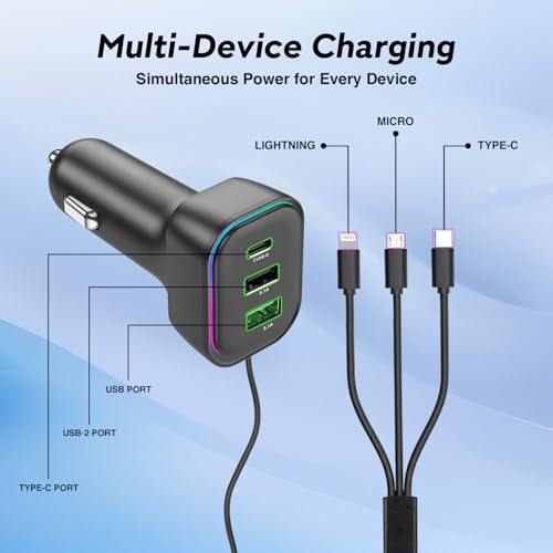 Image of Humble 3-Port Car Charger with Built-in 3 in 1 Charging Cable (Lightning /Type-C /Micro USB) PD Type-C & Dual USB-A 3.1A Works Compatible with iPhone, iPad, Samsung, Oneplus, Tablets & Other Devices