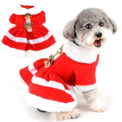 ZUNEA 犬 服 秋冬 クリスマス ワンピース 小型犬 サンタクロース クリスマス コスプレ コスチューム 可愛い 蝶結び ベル付き ドレス スカート お姫様 暖かい 防寒 フリース ワンピース かわいい ドッグウェア 洋服 新年 お正月 祝い 女の子