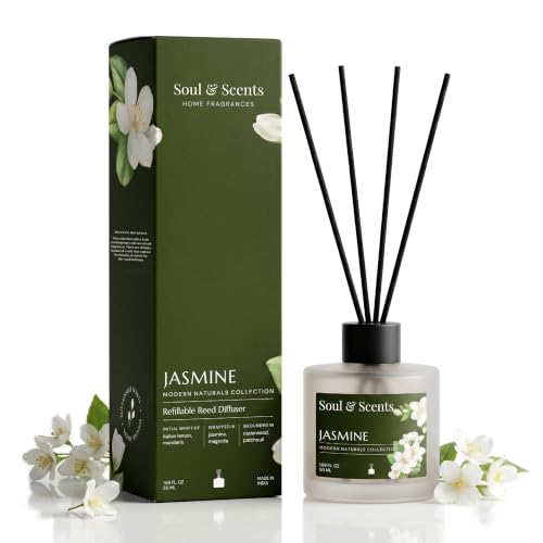 Image of Soul & Scents 50ml Jasmine Reed Diffuser Set | Essence of Orris and Patchouli | Get 5 Rattan Reed Sticks | Smoke Less Room Freshener for Home, Bedroom, Living Room & Office