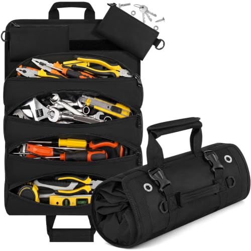 ANILD 13 Inch Roll Up Tool Bag Organizer, Heavy Duty Portable Tool Roll Organizer Bag with 2 Detachable Pouches, Father’s Day Gift, Gifts for Men, Electrician, Mechanic & Hobbyist (Black, Regular) by ANILD - Used condition - US$14.40