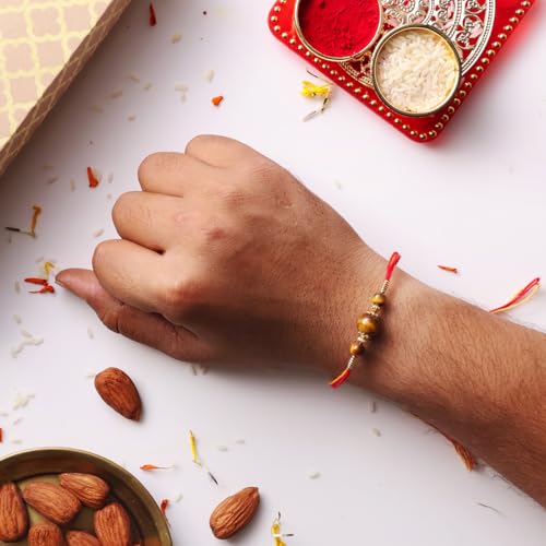 Image of Shubhanjali Crystal Beads Rakhi for Brother | Handmade Healing Crystal Stone Designer Rakhi for Bhaiya | Raksha Bandhan Gift Set with Roli Chawal, Kumkum, Greeting Card & Potli
