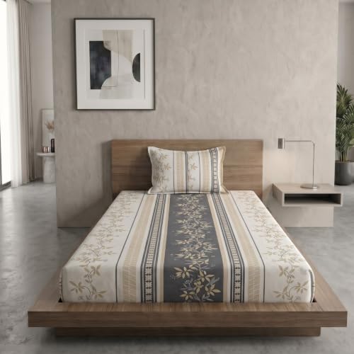 Image of Home Sizzler Microfibre Floral Striped Print All-Around Elastic Fitted Single Bedsheet (36 x 72 Inches) with 1 Pillow Cover - Beige & Grey