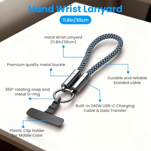 Image of Wrist Strap Lanyard Built in USB-C2C Fast Charging Cable, PD60W USB-C Nylon Braid Cell Phone Phone Crossbody Lanyard, Universal Cell Phone Strap with Built-in 240W