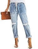 luvamia Women's Casual Distressed Jeans Drawstring Elastic Waist Cuffed Boyfriend Jeans Denim Pants Light Blue Size Small