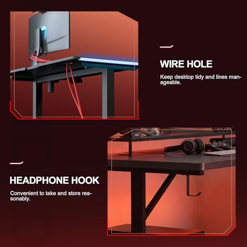 Image of GTPLAYER 55 Inch Gaming Desk with LED Lights, Large Computer Desk with Mouse Pad for Home Office, T-Shaped Carbon Fibre Surface PC Game Workstations with Headphone Hook