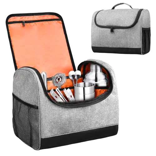 Portable Bartender Bag with Handle - Professional Bar Tool Organizer for Travel | Carrying Case for Cocktail Shaker, Mixing Tools, Accessories | Home, Outdoor, Patio Party Essential (Gray)
