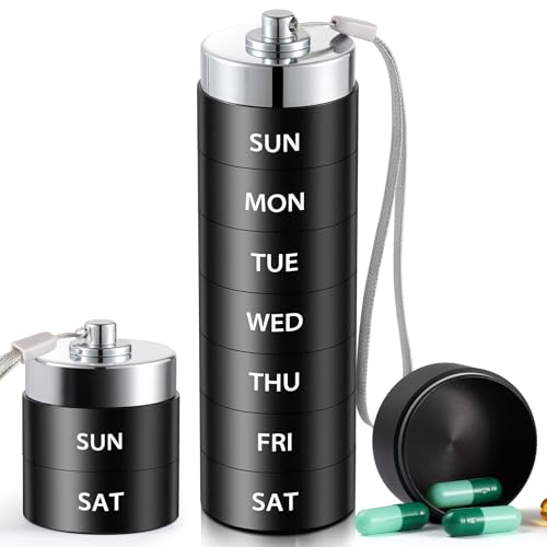 Metal Travel Pill Organizer, Large Weekly Pill Box, Portable Aluminum Alloy Waterproof Container, 7 Day Daily Medicine Organizer Holder for Vitamin, Fish Oil, Supplement, Black