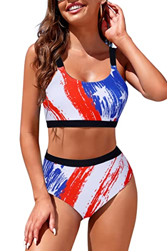 Image of Womens High Waisted Bikini Sets Sporty Crop Top Color Block Swimwear Bandeau Scoop Neck Vintage Two Piece Bathing Suits