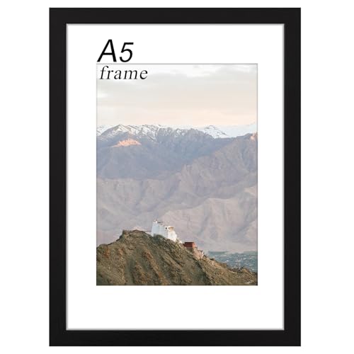 RUN HELIX A5 Frame Black Wooden A5 Photo Frame 14.8x21cm with Mat for Wall Mount or Desk Display Shatterproof Plexiglass Versatile Picture Frame for Home Office Gallery Decor and Gifts