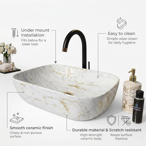 Image of Ceramic Tabletop Wash Basin - Glossy Rectangular Countertop Vessel Sink with Marble Finish for Bathroom & Vanity | Compact 18 x 13 x 5 Inch | Elegant Washbasin