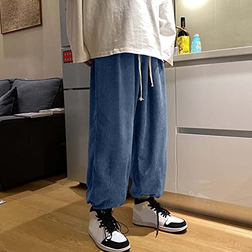 Mens Large Size Loose Corduroy Casual Wide Leg Pant Harlan Trousers Casual Pants Men Blue #TOP1