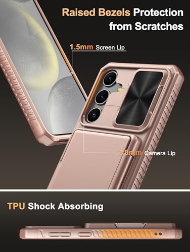 Image of Vihibii Silicone For Samsung Galaxy S24 Plus Back Cover With Slide Camera Cover & Card Holder (4 Cards) & Kickstand, Hard Case For Galaxy S24 Plus, Rose Gold