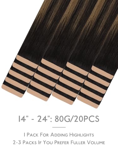 Image of WENNALIFE Fuller Tape in Hair Extensions Human Hair, 16 inch 20pcs 80g Balayage Dark Brown Mixed Chestnut Brown Remy Hair Straight Tape in Extensions Skin Weft Tape Ins Extensiones De Cabello Humano