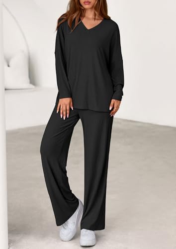 PRETTYGARDEN 2 Piece Lounge Sets for Women Fall Outfits 2025 Casual Loose Long Sleeve Tops Wide Leg Pants Matching Pajama Set