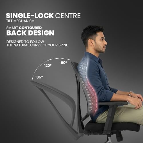 Image of Kepler Brooks Pulse Office Chair for Work | 3-Year Warranty | Ergonomic Office Chair, Study Chair for Home, 1D Arms, Single Lock Recliner, Heavy Duty Nylon Base (Black)
