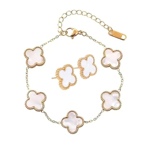 Image of Stylish Gold-Plated White Clover Bracelet & Earrings Set for Women | Premium Anti-Tarnish, Hypoallergenic Jewellery | Gift Combo