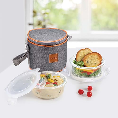 Image of CELLO Royale Glass Lunch Box Set of 2 Pcs with Vertical Jacket, Clear | Microwave Safe 2 x 400 ml Round Glass Containers | Leadfree, Leakproof, Airtight Clip Lock Lid Tiffin Box for Office & Travel