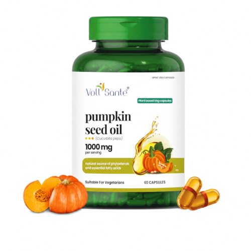 Image of Voll Sante Pumpkin Seed Oil Capsule,1000 mg Per Serving|HPMC Plant-Based Veg Capsules|Non-GMO|Cold-Pressed | Ayurvedic | Dietary Supplement | Natural Source of Omega 6 & 9 Essential Fatty Acids | Supports Hair & Skin Health | 60 Capsules ( Pack Of 1) (60 Count)