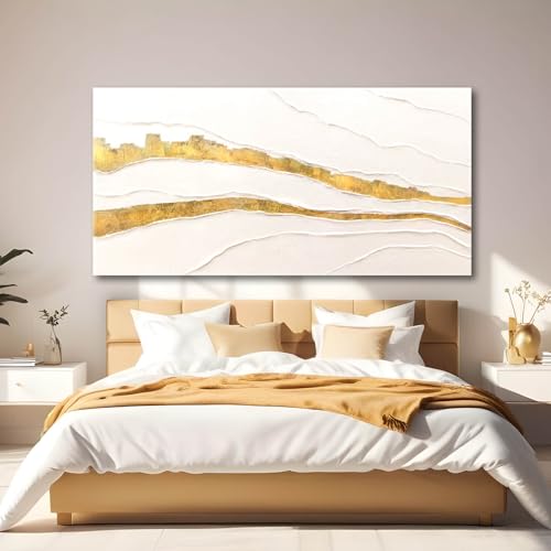 Image of VAYIMDH Canvas Abstract Art White Large Wall Decorations for Living Room Gold Foil Abstract Wall Hanging Oil Painting for Office 29 inchx 58 inch Home Decor