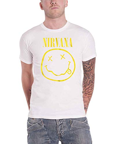 Nirvana Yellow Smiley Homme T-Shirt Manches Courtes Blanc, Regular/Coupe Standard - Les Beatles, Paul McCartney, John Lennon, RIngo Starr, George Harrison Nirvana Yellow Smiley Homme T-Shirt Manches Courtes Blanc, Regular/Coupe Standard