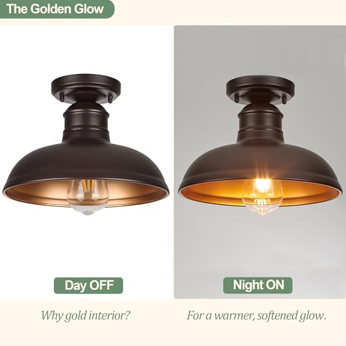 Image of GOLDHILL 10 inch Semi Flush Mount Ceiling Light, Oil Rubbed Bronze Industrial Barn Shade with Gold Interior, 1-Light Bowl Fixture for Kitchen Island, Hallway and Covered Porch