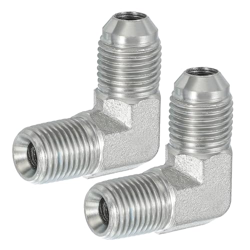 Image of PATIKIL 90 Degree Pipe Adapter, 2 Pcs 9 /16 inch Male 37 Flare JIC x 1 /4 inch BSPT Male Connector Carbon Steel Elbow Fitting for Air Hydraulic Fluid Fuel Water Oil, Silver