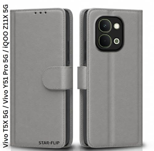 Image of Cover for Vivo T5x 5G / Y51 Pro 5G / iQOO Z11x 5G, Wallet Style, Leather Finish, Magnetic Closure, Inbuilt Stand, Card Pocket (Grey)