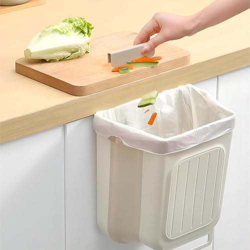 Image of Trash Can Two Piece Set, Folding Hanging Trash Can with Buckle, Multi Functional Kitchen Trash Can, Suitable for Countertop /Under Sink /Living Room /Kitchen /Bedroom /Bathroom (Milky White)