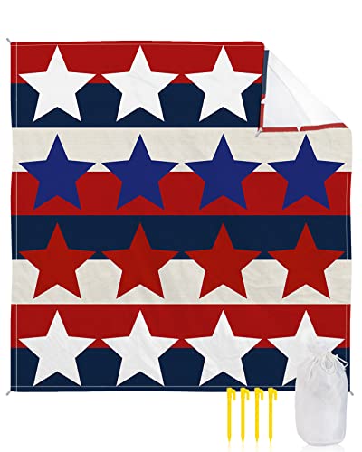 LEOKOTI 4th of July Beach Blanket Waterproof Sandproof, White Blue Red American Star Striped Lightweight Outdoor Picnic Blanket Portable Large Beach Mat for Travel/Camping/Hiking 118