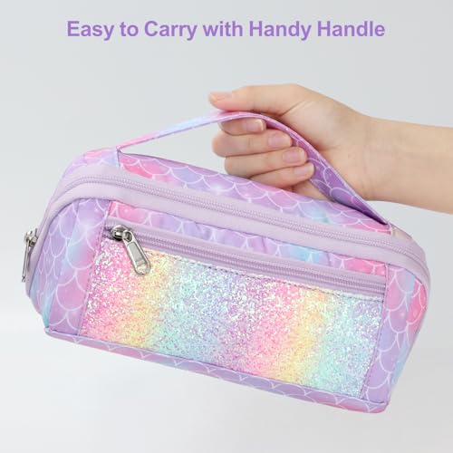Image of Large Pencil Case for Girls, Aesthetic Pencil Pouch for School, Wide Opening Organizer Box with Handle, Fits 50 Pens & Markers (Glitter Purple Mermaid)
