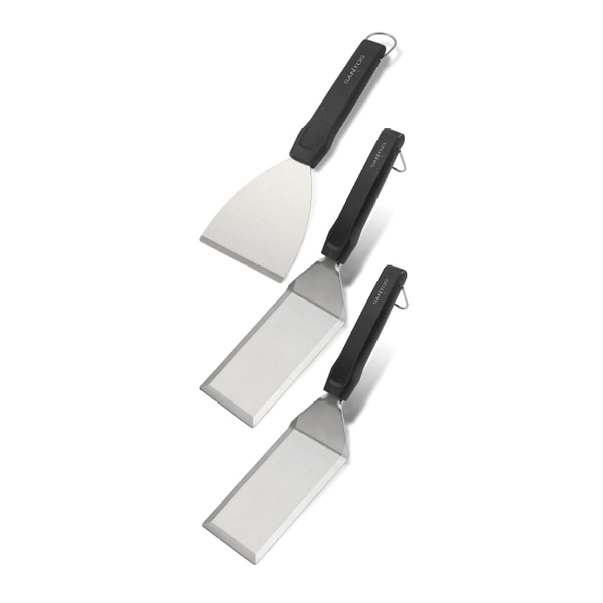 SANTOS Edelstahl Plancha Set 3-Teilig - 2 Grillspachtel, 1 Grillschaber - Plancha, Grillplatte & Teppanyaki - rutschfest - spülmaschinengeeignet