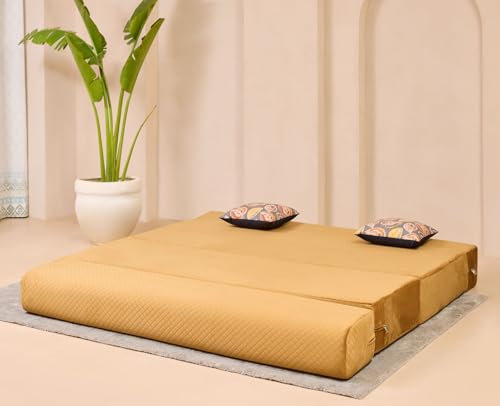 Image of uberlyfe Xtra High, Xtra Soft 3 Seater (6' x 6') Sofa Cum Bed | 1 Year Warranty| 17 inch Sofa Height |King Size Foldable Bed| Plush Laser Quilted Fabric| 2 Cushions Fall Leaf Pattern |Molten Caramel Color