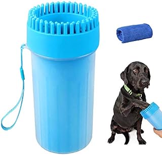 Soneer Dog Paw Cleaner,Portable Pet Paw Cleaner,Dog Foot Washer Massager,Comfortable Silicone Pet Cleaning Brush Cup with Towel for Dogs Cats Massage Grooming Dirty Claws (Blue)