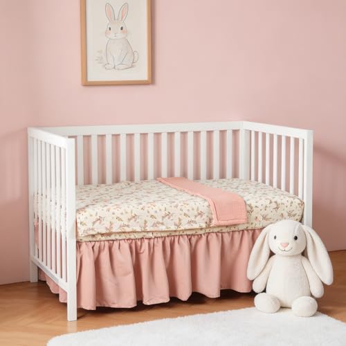 Image of Organic Cotton Muslin Baby Crib Bedding Set 3 Piece Soft for Infant Newborn Toddler Boys Girls 52 inchx28 inch, Nursery Bed Quilt Set Decor with Fitted Crib Sheet, Floral Quilted Comforter Blanket, Bed Skirt