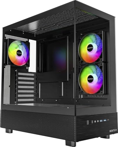 MONTECH XR-B, ATX Mid-Tower PC Gaming Case, 3x120mm ARGB PWM Fans Pre-Installed, Full-View Dual Tempered Glass Panel, Wood-Grain Design I/O Interface, Support 4090 GPUs, 360mm Radiator Support, Black
