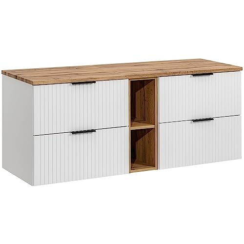 Contenuto della confezione: mobiletto doppio per lavabo composto da: 2 sottolavabo, 2 cassetti Softclose, apertura a sifone, larghezza x altezza x profondità: circa 60/57/46 cm; 1 mobiletto con 2 scomparti aperti, larghezza x altezza x profondità: circa 20/57/46 cm; 1 ripiano per lavabo (senza foro) (larghezza x altezza x profondità): circa 140,6 x 2,2 x 46,5 cm; maniglie nei colori oro, cromo e nero incluse; dimensioni totali (larghezza x altezza x profondità): circa 140,6/60/46 cm