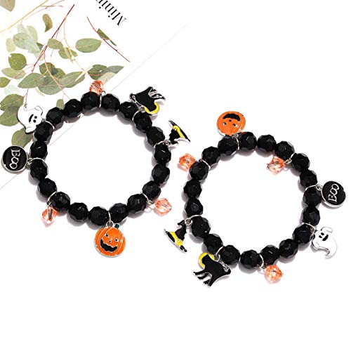 NVENF 2PCS Halloween Bracelets for Women Pumpkin BOO Ghost Charm Bracelets Black Bead Stretch Bracelet Set Costume Party Gifts3