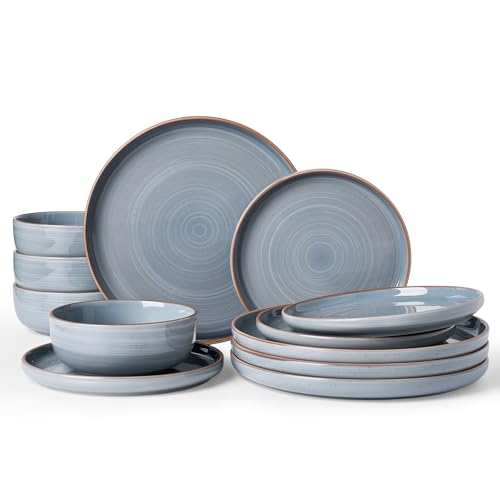 Image of Famiware Meteor Plates and Bowls Sets for 4, 12 Pieces Dinnerware Sets, Microwave and Dishwasher Safe Dishes Set, Blue Gray