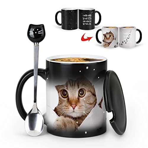 MUGKISS Bonita taza de gato que cambia de color, 11 onzas, I Work Hard So My Cat Can Have a Better Life,Taza de cerámica que cambia el calor, bonito regalo de gato, amigos, amantes de los gatos Cover