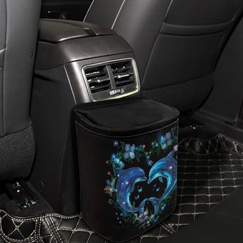 Image of Talayituse Dolphin Flower Heart Print Car Trash Can with Lid, Leak Proof Auto Trash Bag Hanging Vehicle Garbage Can Multipurpose Storage Container for Back Seat Road Trip