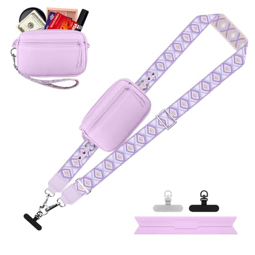 Image of YFWE Clip and Go Strap for Phone with Wallet Crossbody, Adjustable Phone Lanyard with Detachable RFID Wristlet Wallet, Pattern Strap, Light Purple(M)