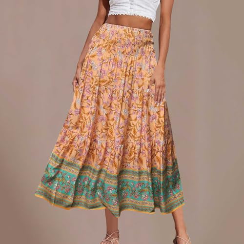 Boho Hawaiian Ruched High Cut Beach Skirts for Women Color Block Flower Maxi Long Loose Fit Skort Women 20252