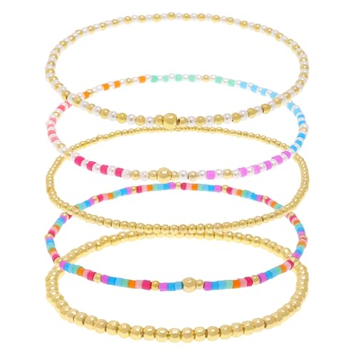 Gold Beaded Stack Bracelets Set for Women, 5Pcs Cute Boho Handmade Colorful Small Beaded Stackable Friendship Stretch Bracelets Prom Jewelry Gift.