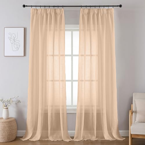 Joydeco Cortinas Visillos Translúcidas de Aspecto Lino con Cinta Fruncidora para Riel 2 Piezas, Visillos Semitransparente 140x245 cm Paras Ventana y Puerta de Salon Dormitorio - Melocotón