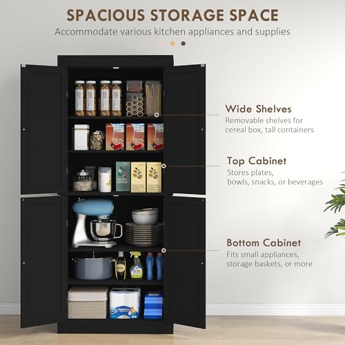 Image of HOMCOM 72.5 inch Tall Kitchen Pantry Cabinet, Freestanding Modern Farmhouse Kitchen Storage Cabinet with 4 Doors and 2 Adjustable Shelves for Dining Room, Black Wood Grain